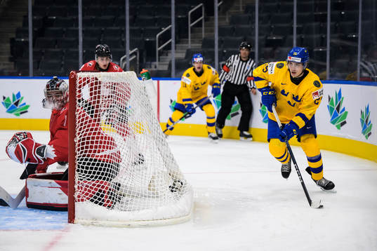 Goaltender Sebastian Cossa of Canada and Liam Öhgren of
