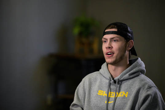 Goaltender Jesper Wallstedt of Sweden at a press meet