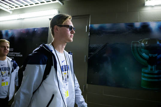 Goaltender Calle Clang of Sweden arrives to the arena for