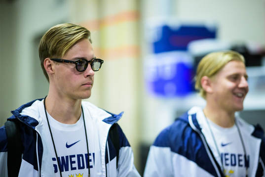 Goaltender Calle Clang of Sweden arrives to the arena for