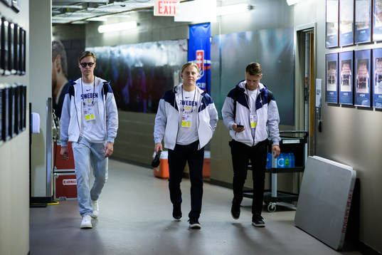 Goaltender Calle Clang, Emil Andrae and Oskar Magnusson of