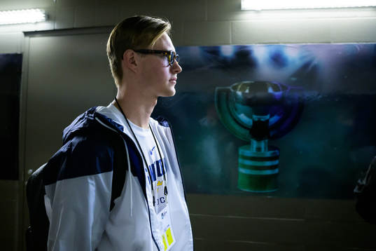 Goaltender Calle Clang of Sweden arrives to the arena for