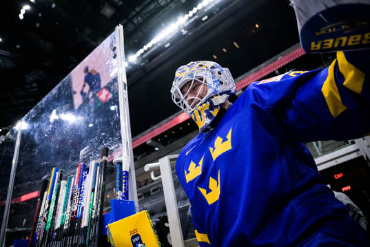 Goaltender Calle Clang of Sweden at warm-up