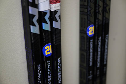 Sticks of Oskar Magnusson and Daniel Torgersson of Sweden