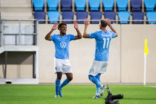 Ola Toivonen celebrate with Joseph Ceesay of Malmö FF