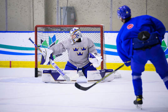 Goaltender Jesper Wallstedt of Sweden at a practice session
