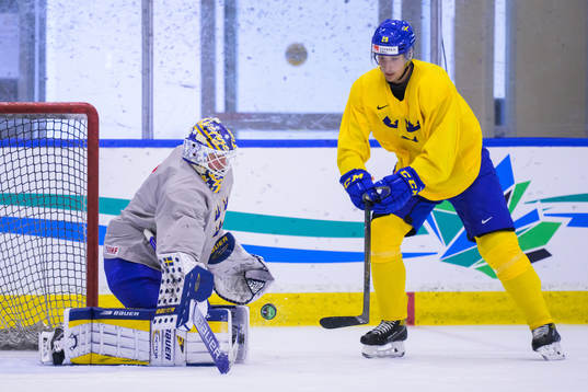 Goaltender Calle Clang and Daniel Torgersson of Sweden at a