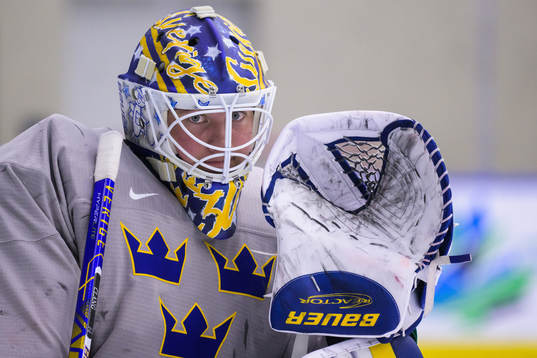 Goaltender Calle Clang of Sweden at a practice session