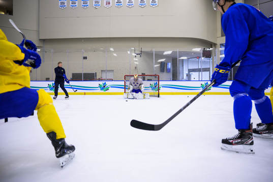 Goaltender Carl Lindbom of Sweden at a practice session