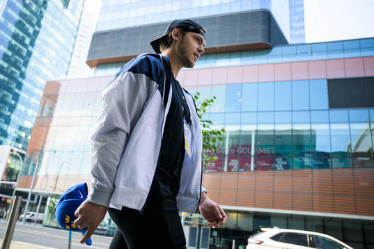 Goaltender Jesper Wallstedt of Sweden arrives to the arena