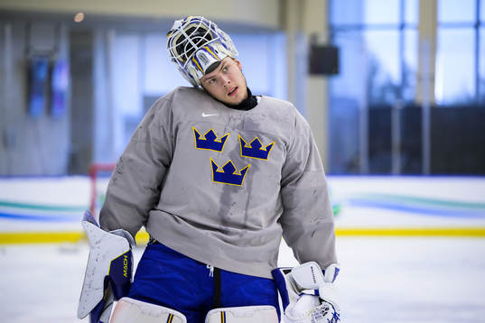 Goaltender Jesper Wallstedt of Sweden at a practice session