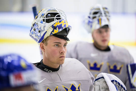 Goaltender Calle Clang of Sweden at a practice session