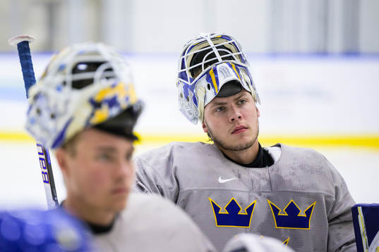 Goaltender Jesper Wallstedt of Sweden at a practice session