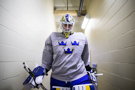 Goaltender Calle Clang of Sweden at a practice session