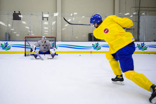 Goaltender Jesper Wallstedt and Daniel Torgersson of Sweden