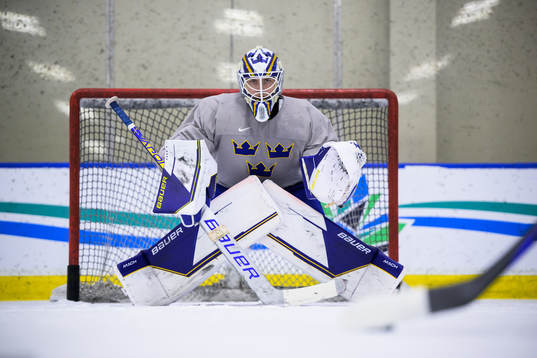 Goaltender Jesper Wallstedt of Sweden at a practice session