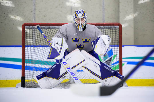 Goaltender Jesper Wallstedt of Sweden at a practice session