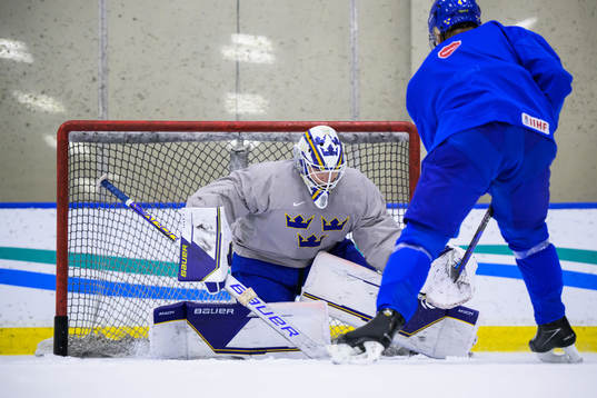 Goaltender Jesper Wallstedt and Emil Andrae of Sweden at a