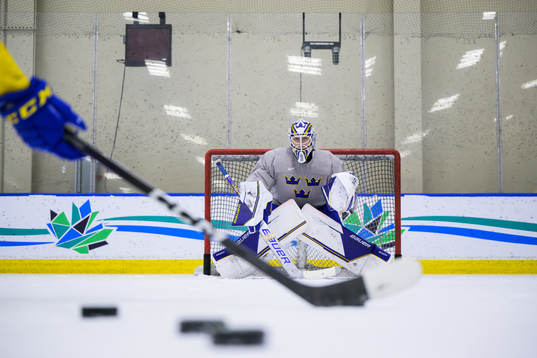 Goaltender Jesper Wallstedt of Sweden at a practice session