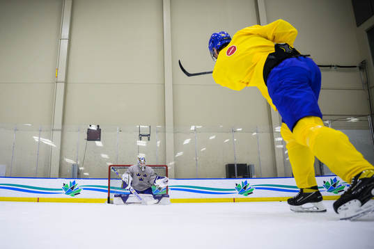 Goaltender Jesper Wallstedt and Daniel Torgersson of Sweden