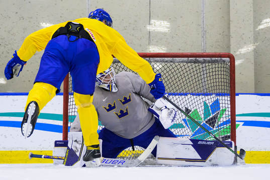 Daniel Torgersson and goaltender Jesper Wallstedt of Sweden