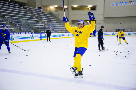 Oskar Magnusson of Sweden celebrates at a practice session