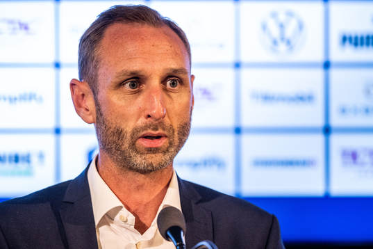 Malmö FFs tränare Andreas Georgson vid en presskonferens