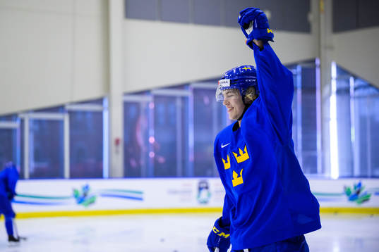 Simon Edvinsson of Sweden celebrates at a practice session