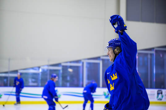 Simon Edvinsson of Sweden celebrates at a practice session