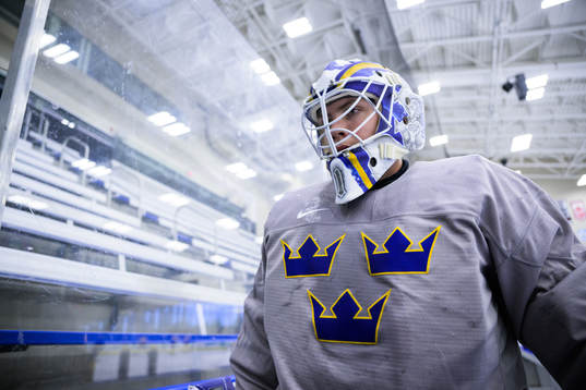 Goaltender Jesper Wallstedt of Sweden at a practice session