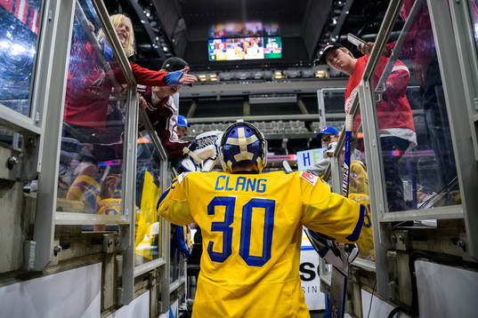 Goaltender Calle Clang of Sweden enters the ice for warm-up