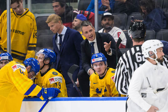 Head coach Tomas Montén of Sweden talks to a linesman