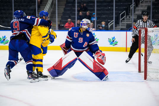 Goaltender Kaidan Mbereko of USA lets in the 3-1 goal from