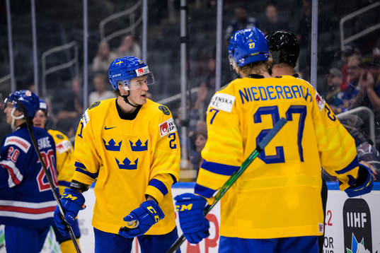Oskar Olausson of Sweden argues with a linesman