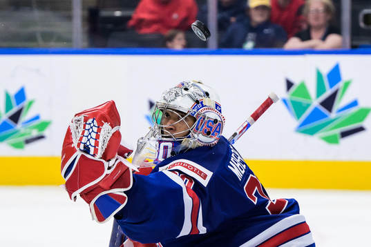 Goaltender Kaidan Mbereko of USA lets in the 3-1 goal from