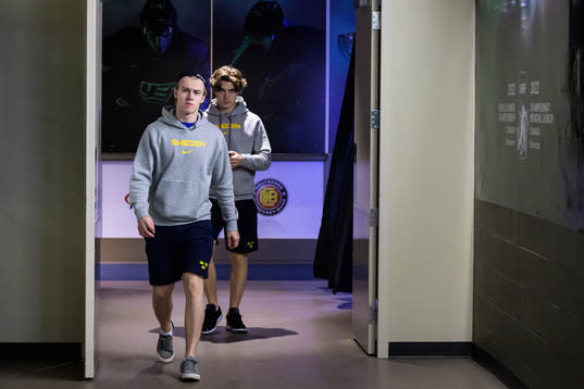 Jonathan Lekkerimäki and Liam Öhgren of Sweden arrive to