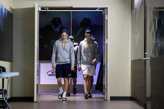 Linus Sjödin and William Wallinder of Sweden arrive to the
