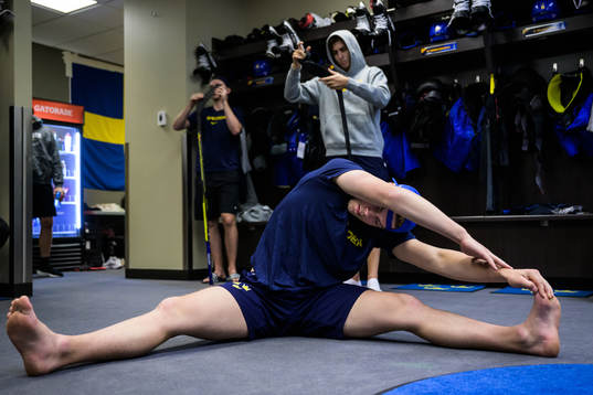 Goaltender Jesper Wallstedt of Sweden at a practice session
