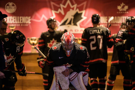 Goaltender Dylan Garand of Canada waits to walk to the ice