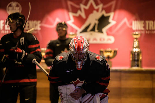 Goaltender Dylan Garand of Canada waits to walk to the ice