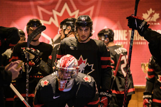 Ryan O'Rourke of Canada waits to walk to the ice for warm-up