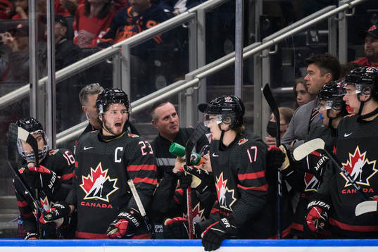 Connor Bedard, Mason McTavish and Ridly Greig of Canada
