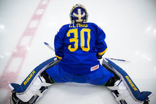 Goaltender Calle Clang of Sweden at warm-up