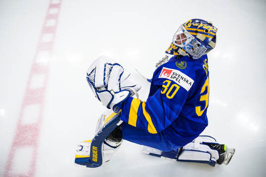 Goaltender Calle Clang of Sweden at warm-up