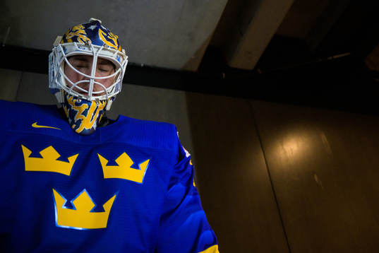 Goaltender Calle Clang of Sweden waiting to enter the ice