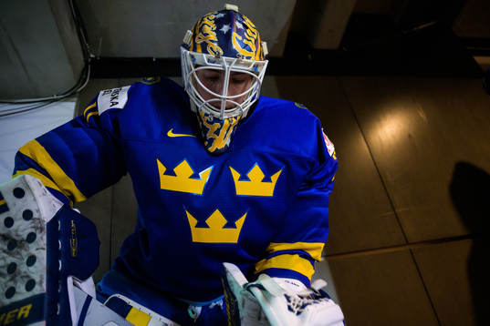 Goaltender Calle Clang of Sweden waiting to enter the ice