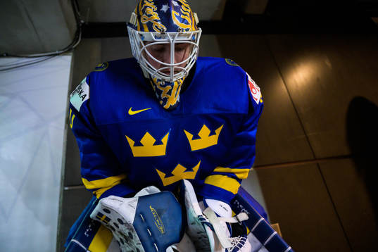 Goaltender Calle Clang of Sweden waiting to enter the ice