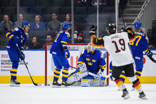 Goaltender Calle Clang of Sweden lets in the 0-1 goal