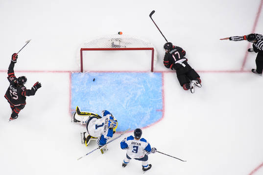 William Dufour and Ridly Greig of Canada celebrate the 4-1