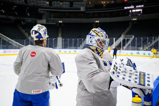 Goaltenders Jesper Wallstedt and Calle Clang of Sweden at a